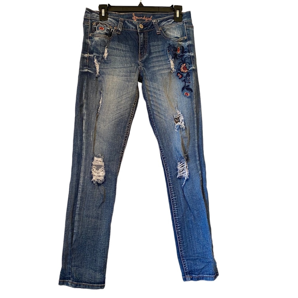Soundgirl Floral Embroidered Distressed Jeans